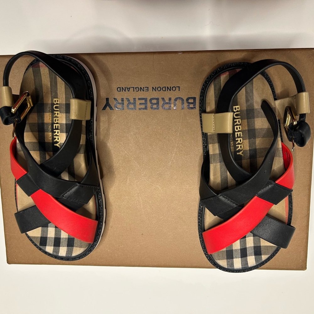 Burberry Black and Red Sandals with Iconic Check Pattern